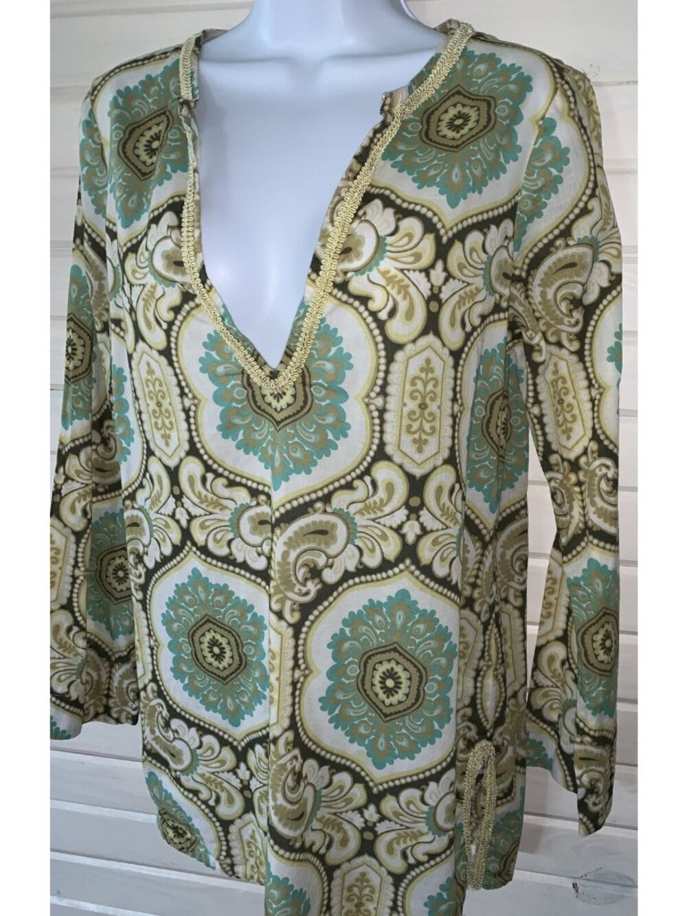 Tommy Bahama Sz SMALL Mandala Khaki Green 100% Cotton Tunic Long Sleeve VGUC